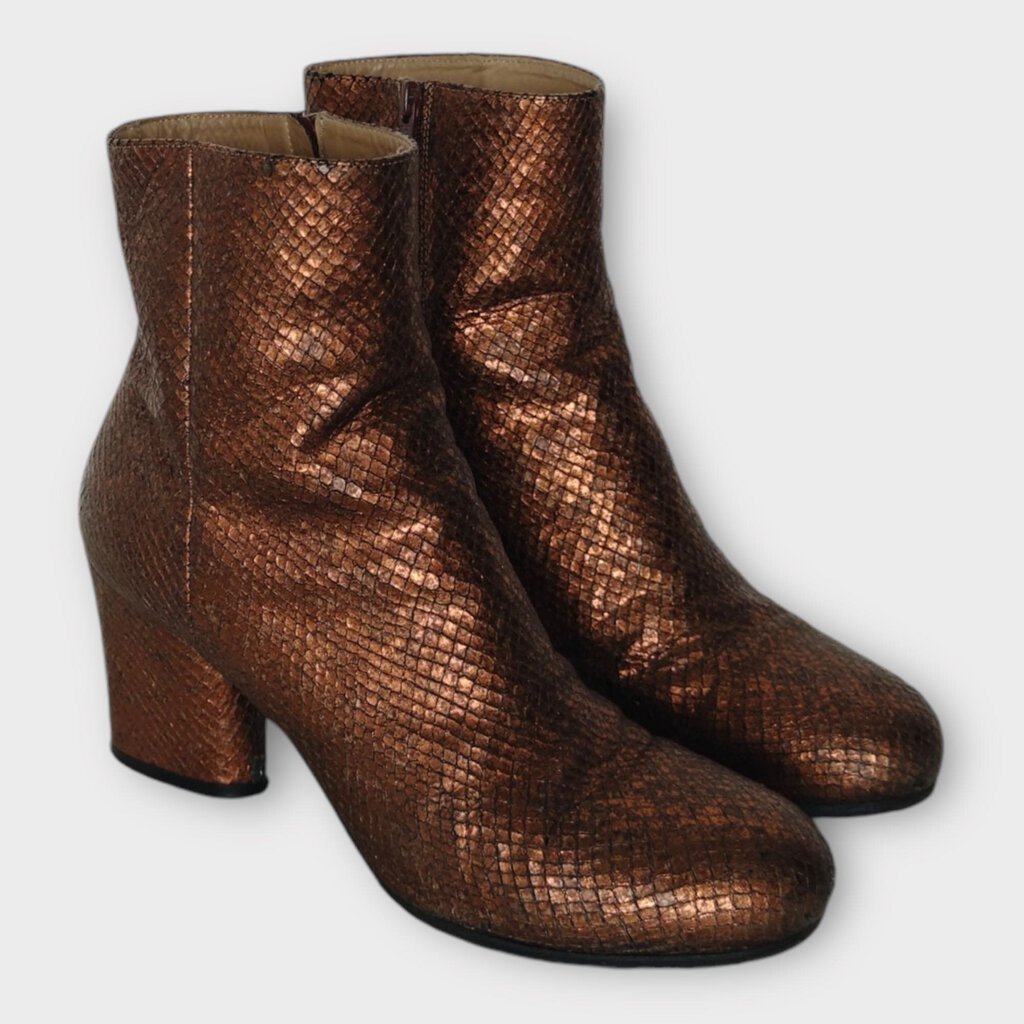 Bronze Snakeskin Block Heel Boots