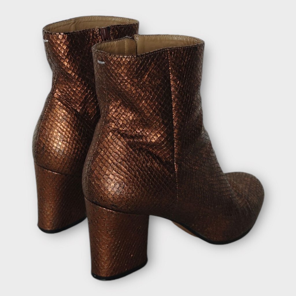 Bronze Snakeskin Block Heel Boots