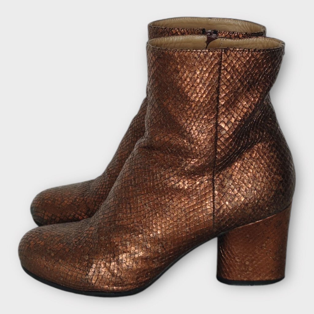 Bronze Snakeskin Block Heel Boots