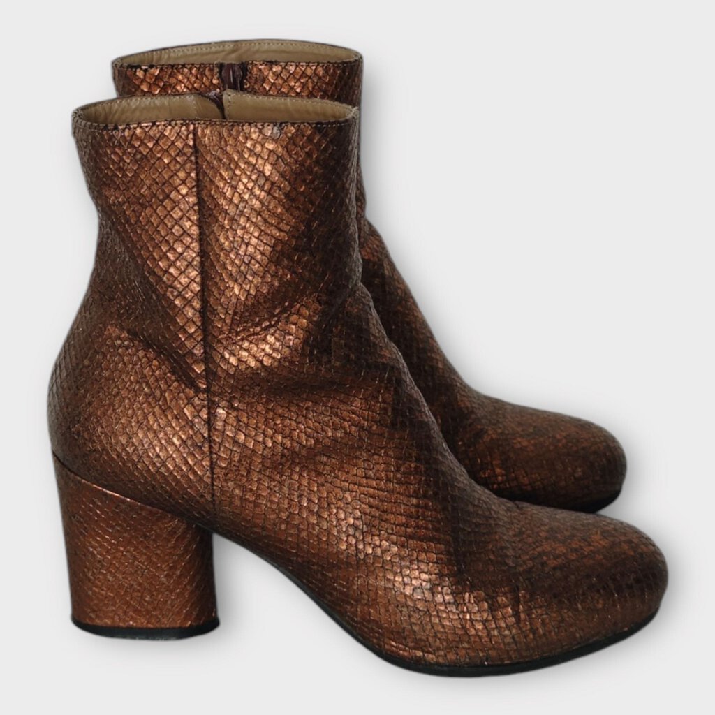 Bronze Snakeskin Block Heel Boots