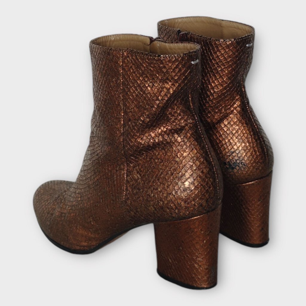 Bronze Snakeskin Block Heel Boots