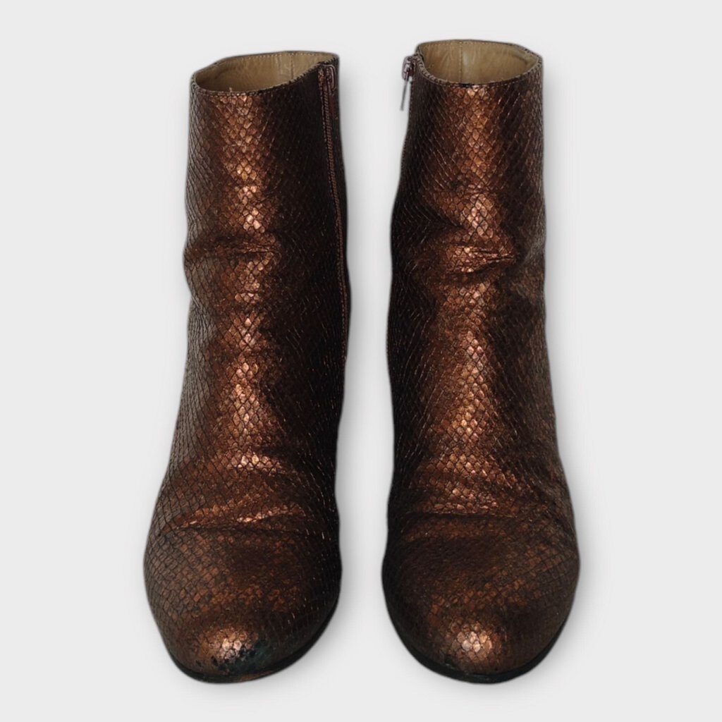 Bronze Snakeskin Block Heel Boots