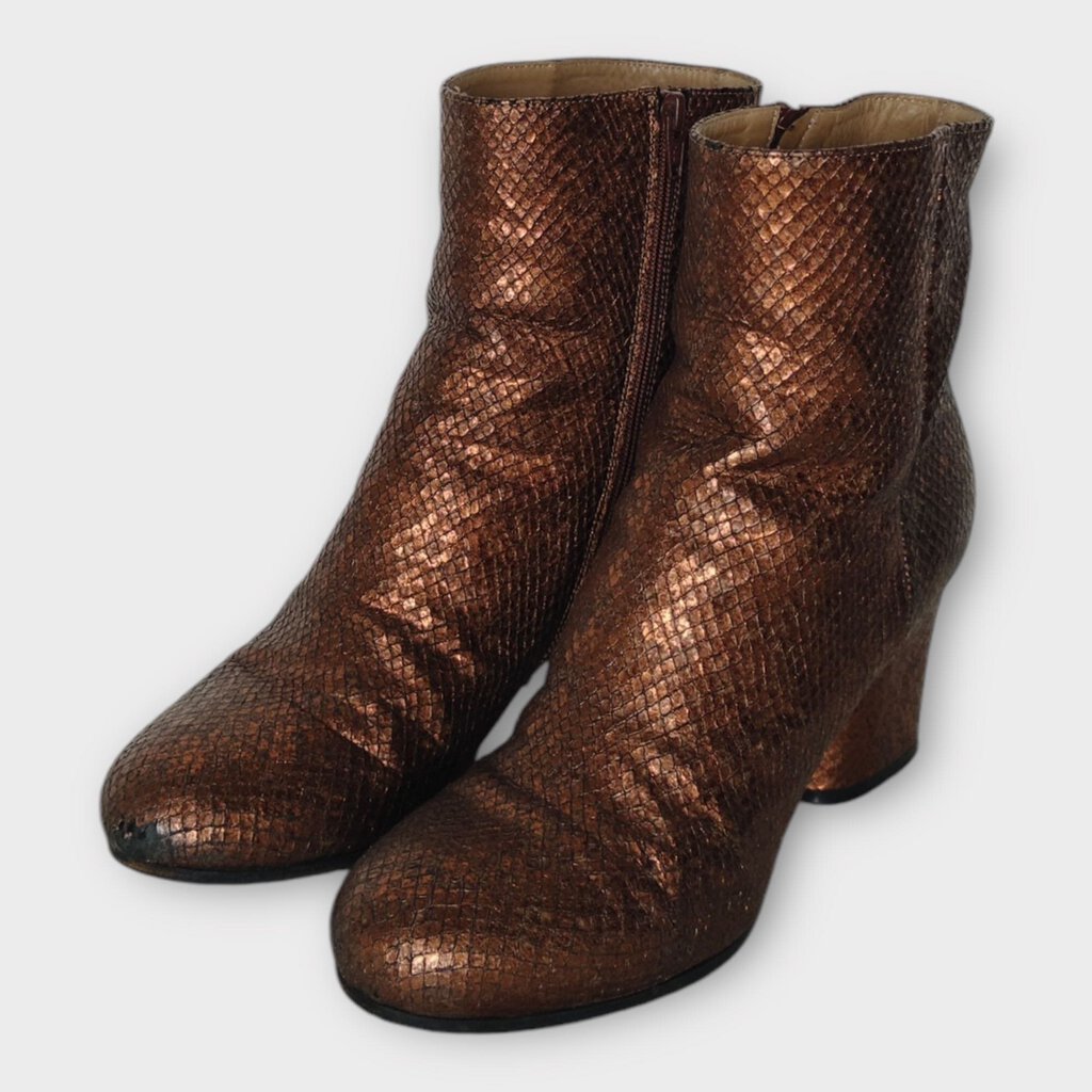 Bronze Snakeskin Block Heel Boots