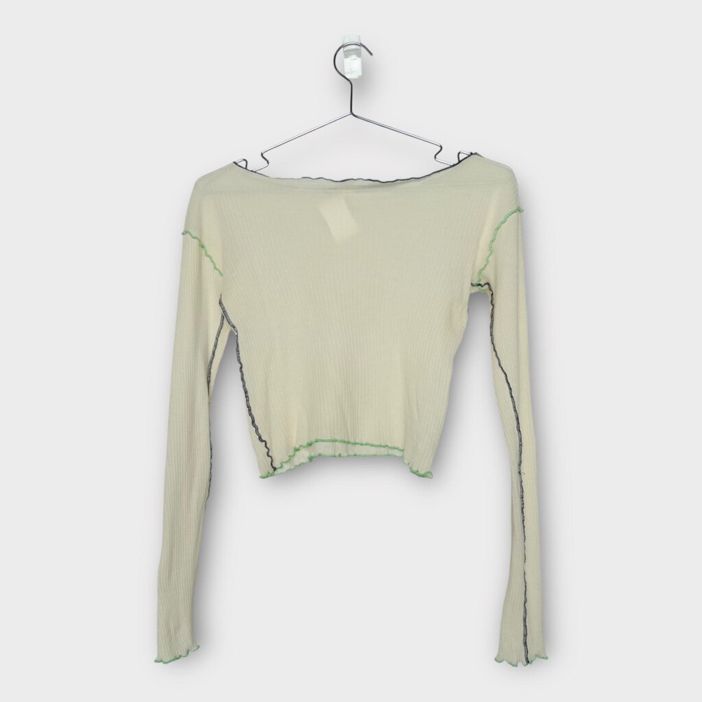 Baserange Cream Organic Cotton Ribbed Green & Black Seam Long Sleeve Top