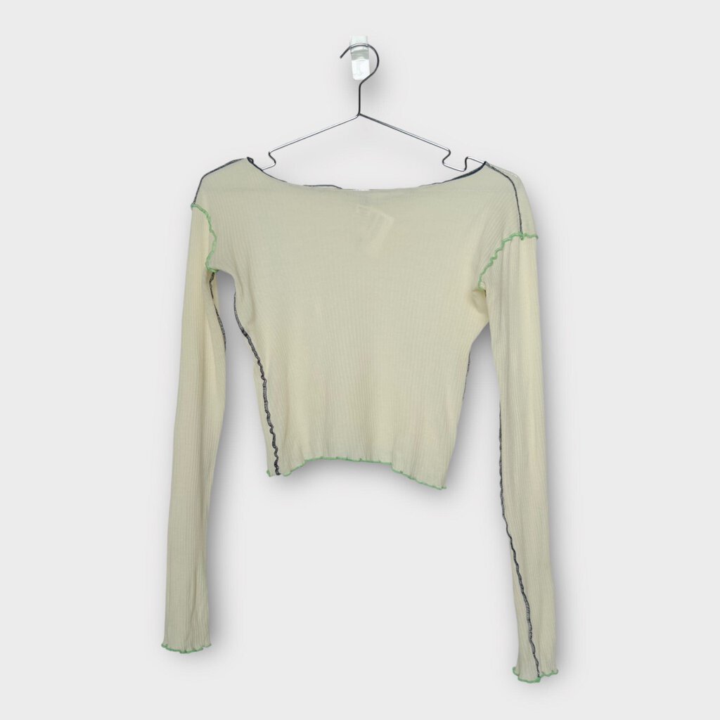 Baserange Cream Organic Cotton Ribbed Green & Black Seam Long Sleeve Top