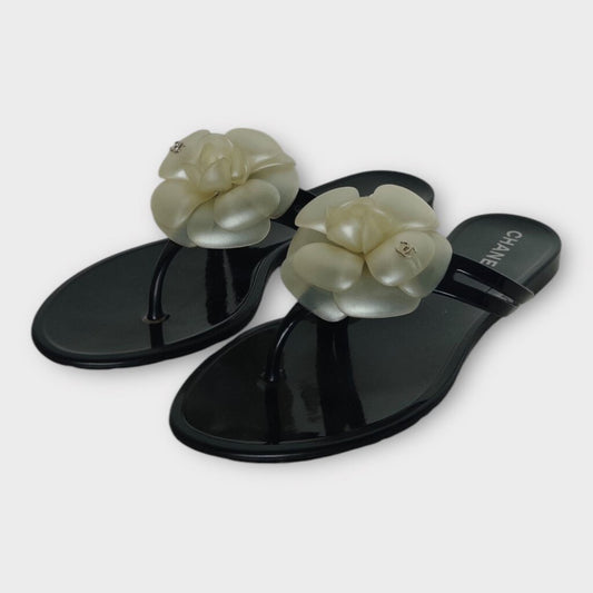 Chanel Black Camellia Flip Flops