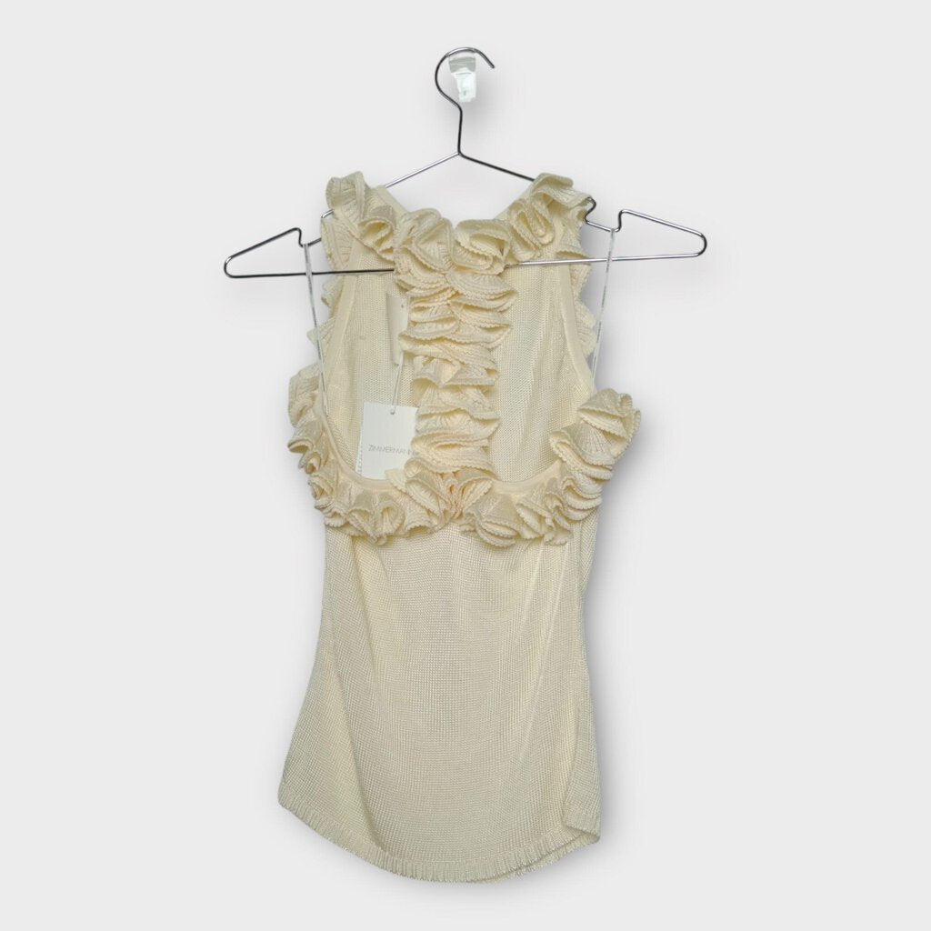 Zimmermann White Knit Ruffle Neck Tank Top