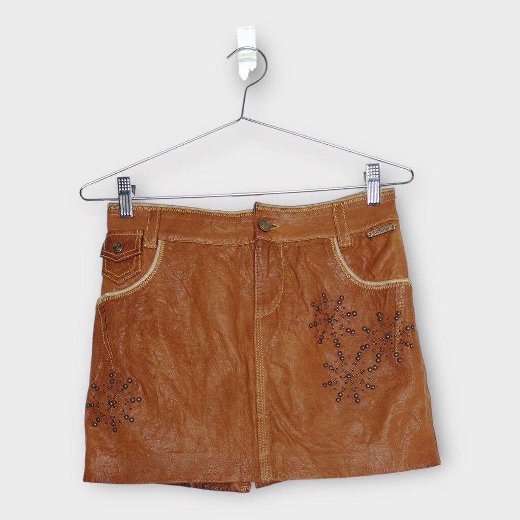 Galliano Brown Leather Studded Mini Skirt