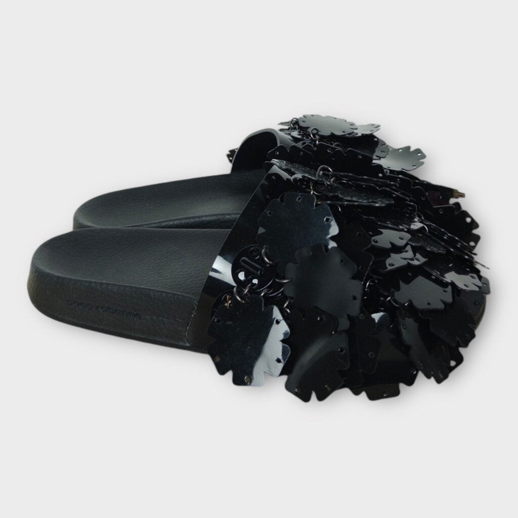 Black Flower Sequin Slides