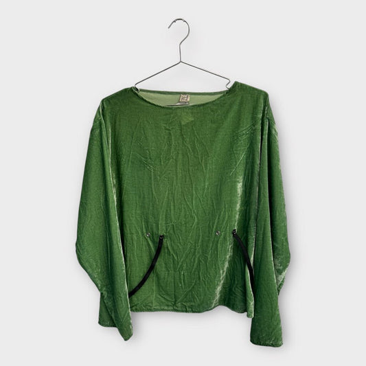 Green Velour Silk & Black Elastic Long Sleeve Top