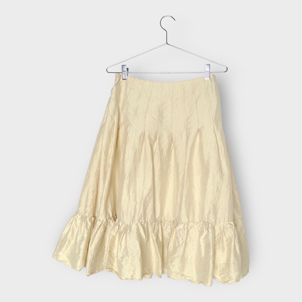 Beige Pleat & Ruffle Hem Midi Skirt