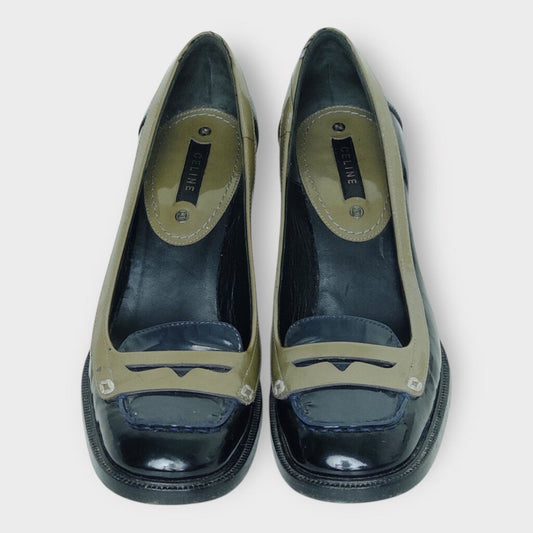 Celine Vintage Black & Khaki Patent Leather Loafer Heels