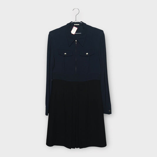 Miu Miu Navy & Black Zip Up Shirt Pleat Midi Dress