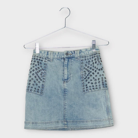 Aje. Dirty Wash Denim Eyelet Mini Skirt