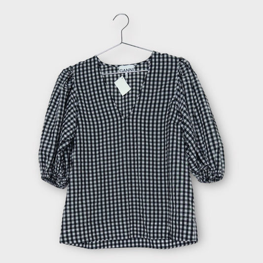 Ganni Black & White Gingham Seersucker Puff Sleeve Top