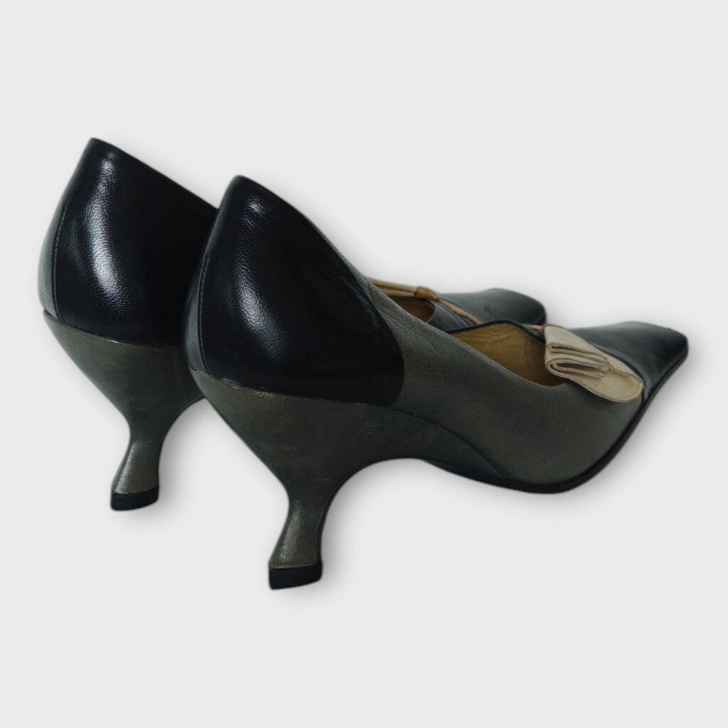 Navy Grey Beige Flower Square Toe Kitten Heel