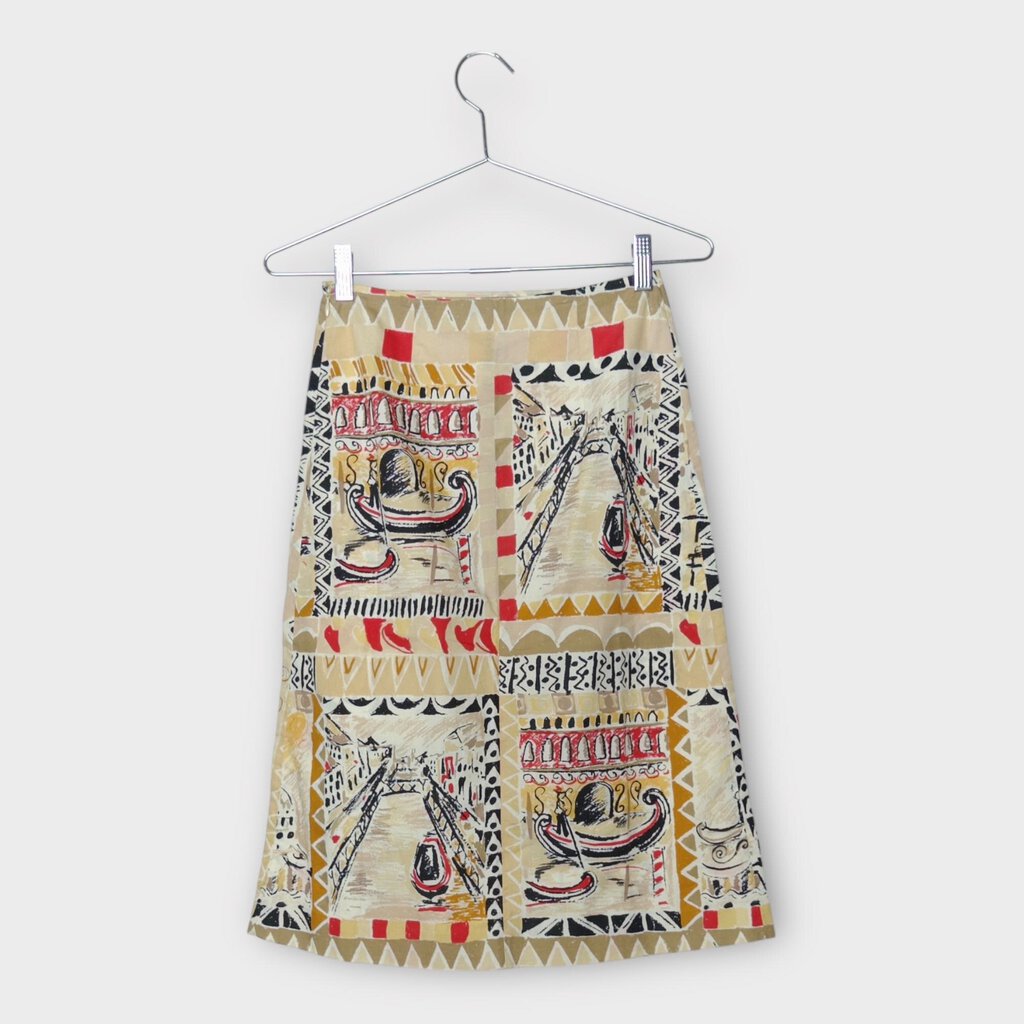 Prada SS2004 Beige Postcard Venice Print Midi Skirt