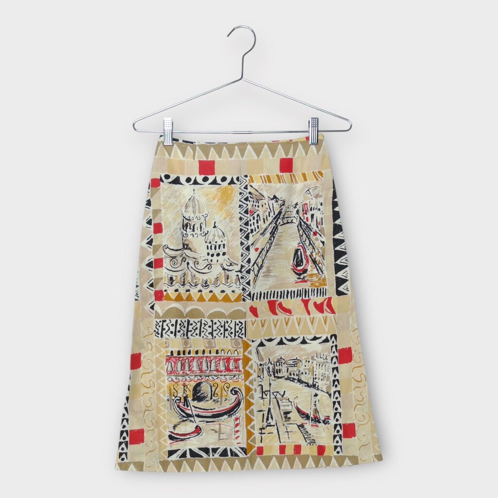 Prada SS2004 Beige Postcard Venice Print Midi Skirt