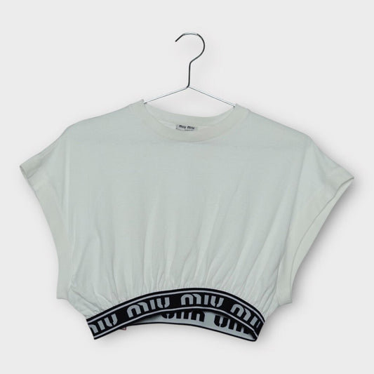 Miu Miu White Cotton Logo Elastic Cropped Top