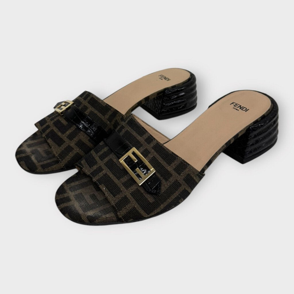 Brown & Black Monogram Low Heel Slides