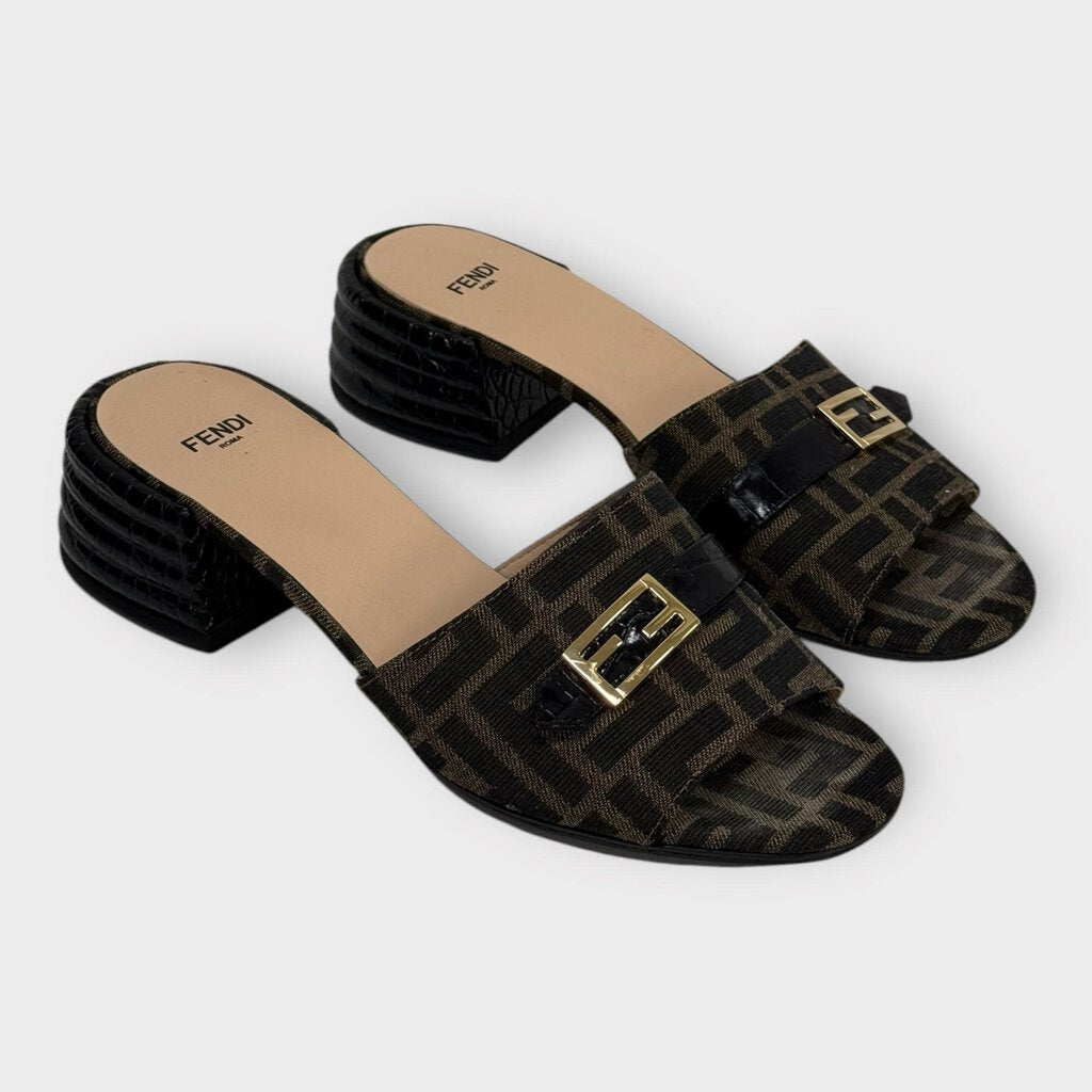 Brown & Black Monogram Low Heel Slides