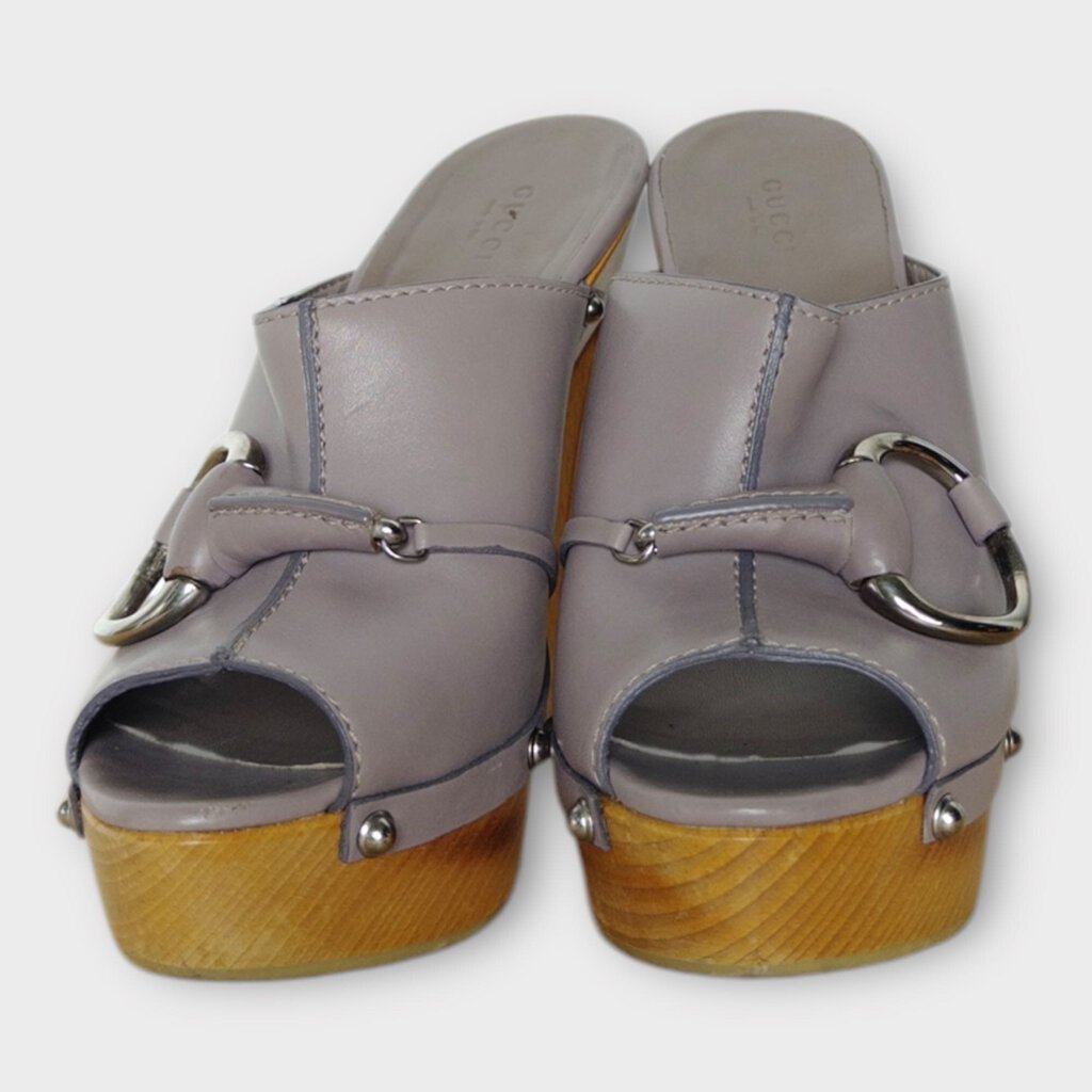 Gucci Purple Horsebit Wooden Clogs