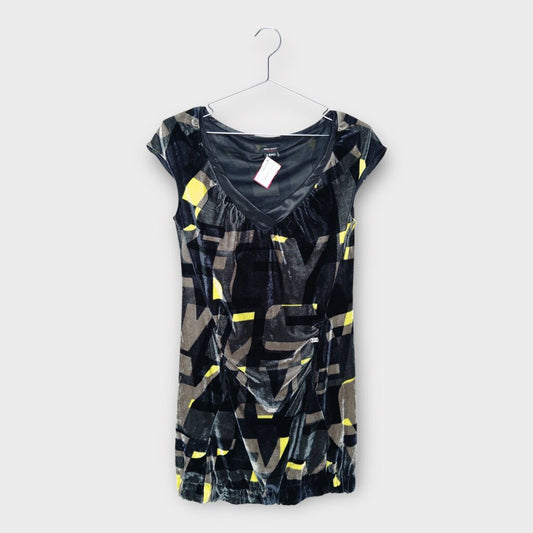 Miss Sixty Black & Yellow Print Velour Mini Dress