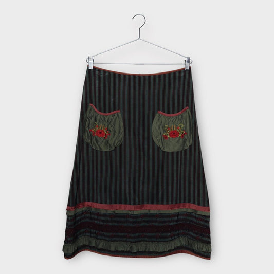 Trelise Cooper Red & Green Silk Cotton Blend Embroidered Striped Midi Skirt