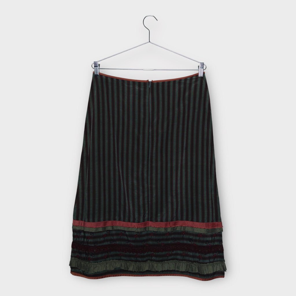 Trelise Cooper Red & Green Silk Cotton Blend Embroidered Striped Midi Skirt