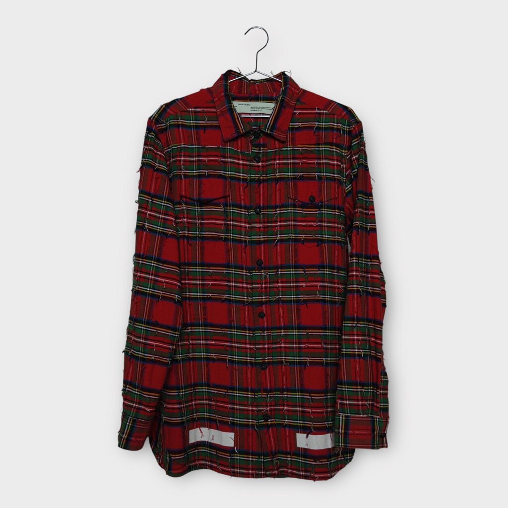 Off-White Red Green & Blue Plaid Distressed Shirt