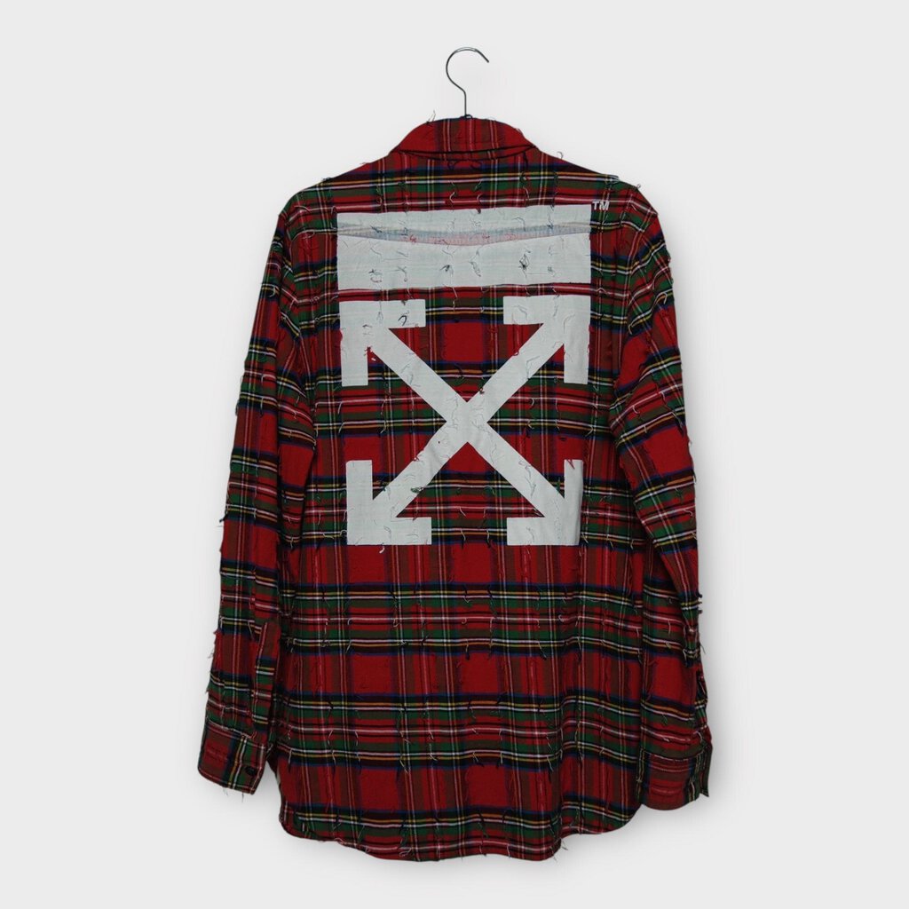 Off-White Red Green & Blue Plaid Distressed Shirt