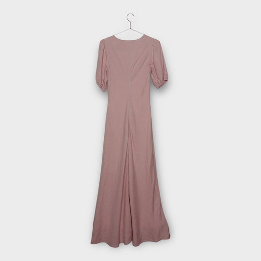 Jillian Boustred Pink Linen V Neck Puff Sleeve Maxi Dress