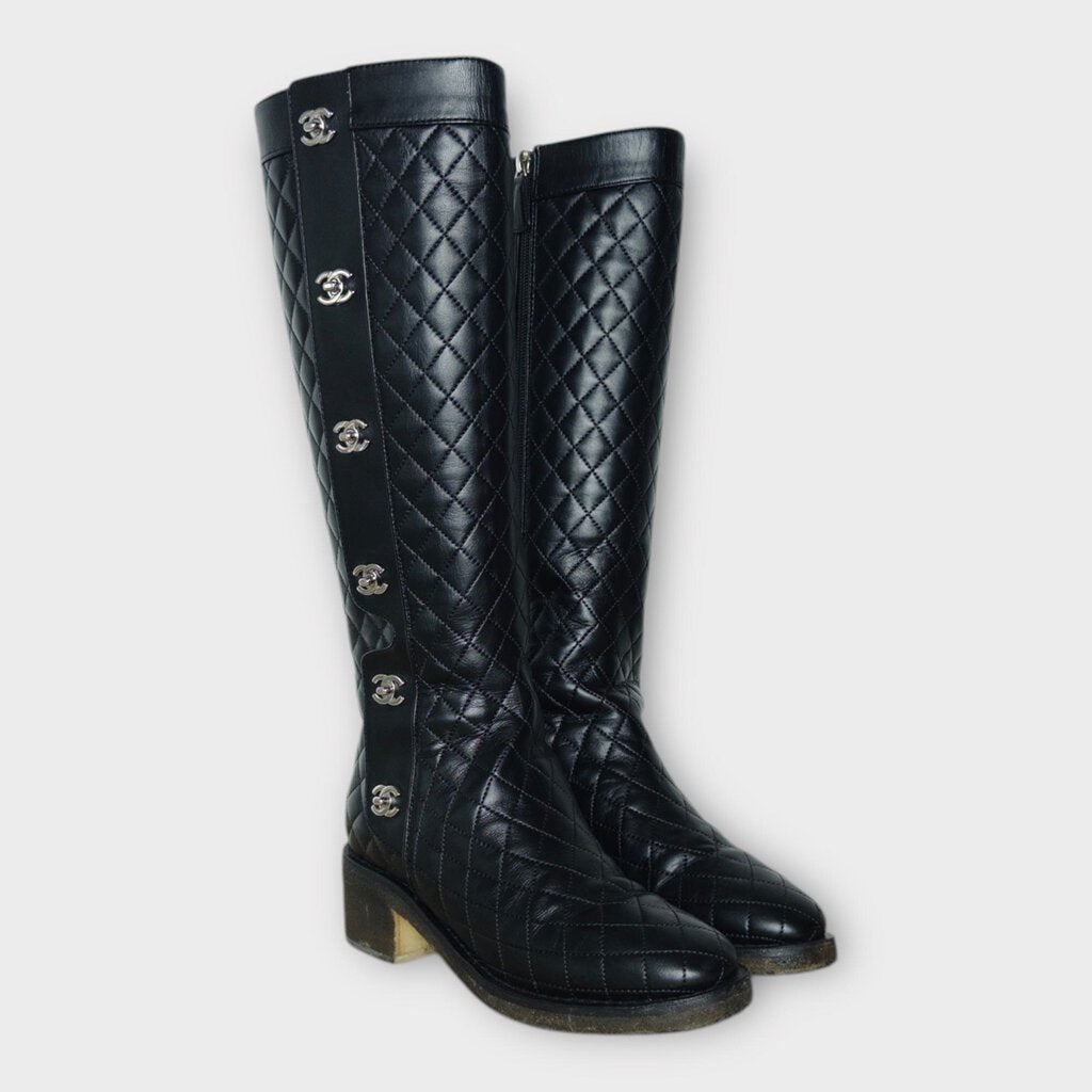 Chanel Black Quilted Leather Interlocking C Riding Boots