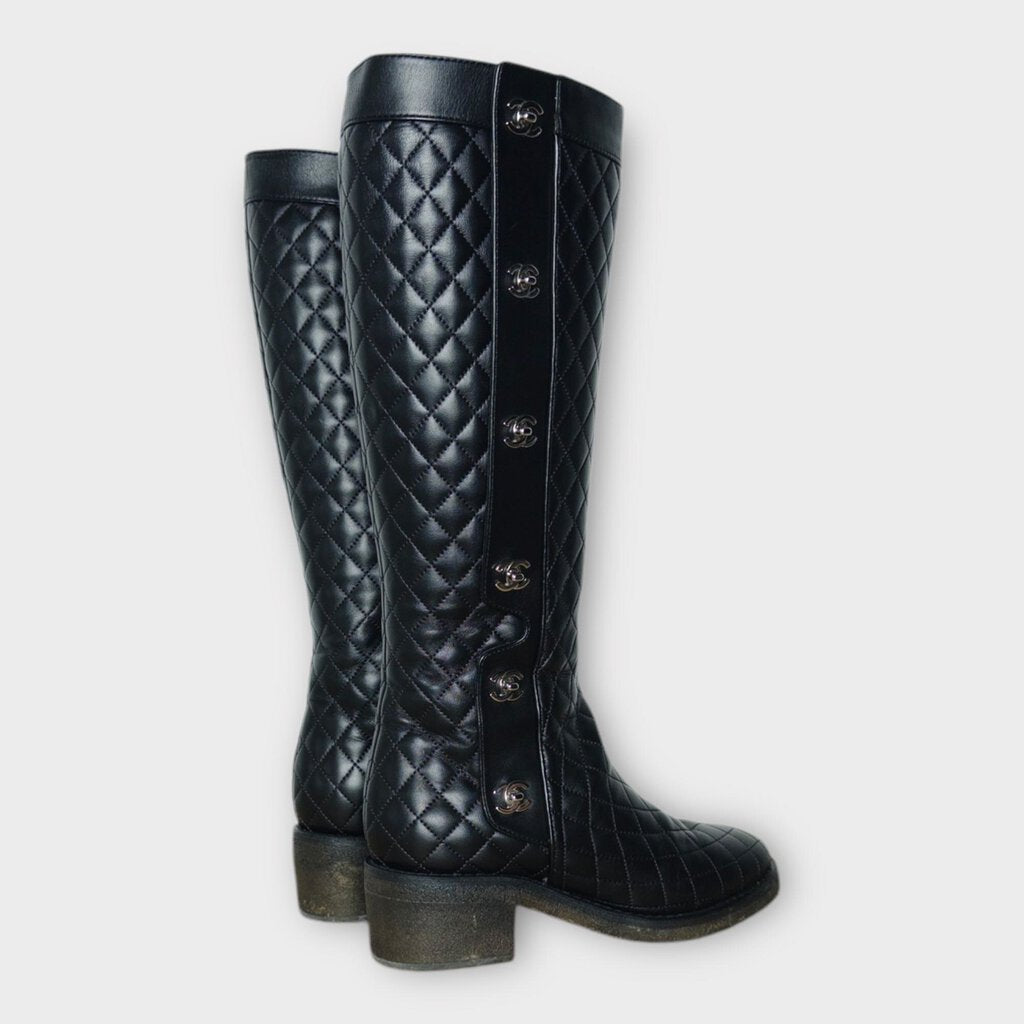 Chanel Black Quilted Leather Interlocking C Riding Boots