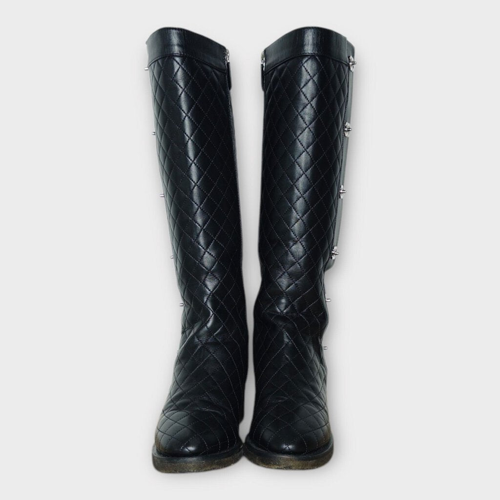 Chanel Black Quilted Leather Interlocking C Riding Boots