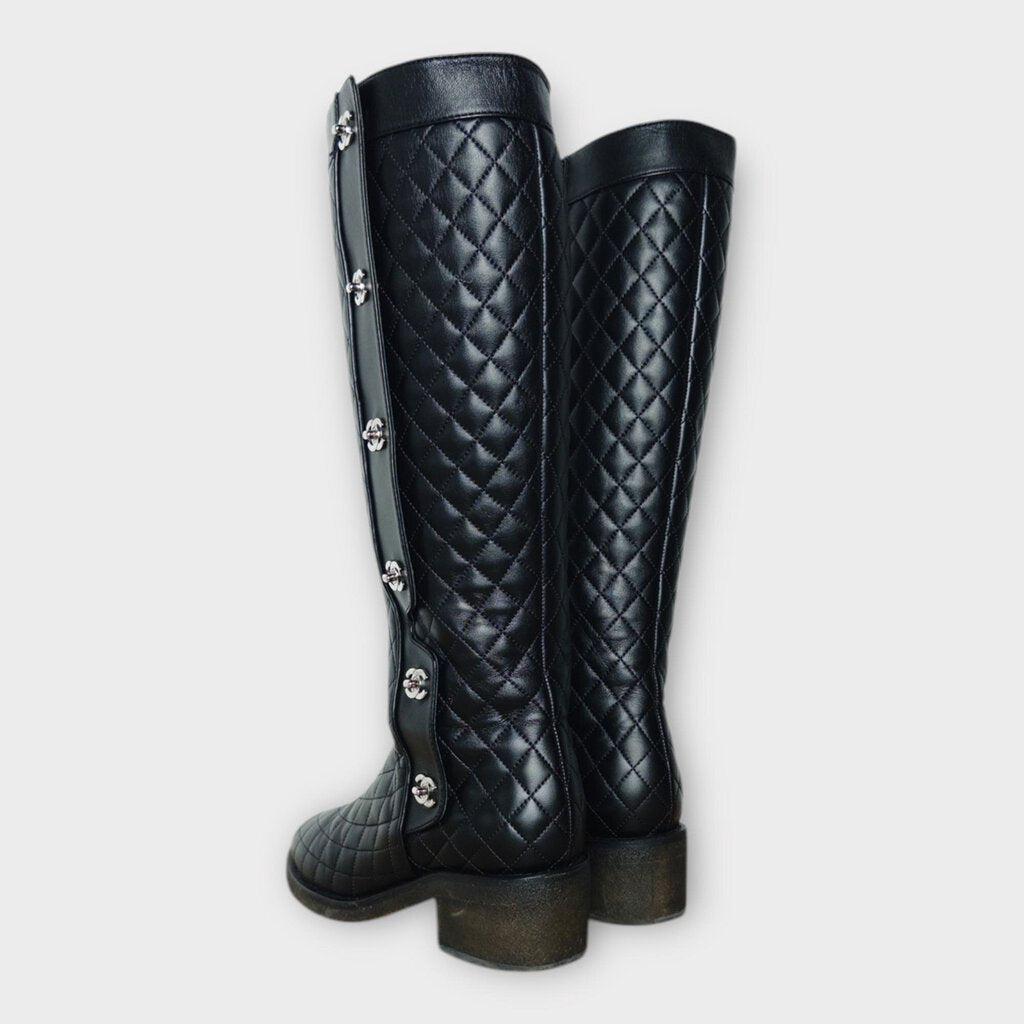 Chanel Black Quilted Leather Interlocking C Riding Boots