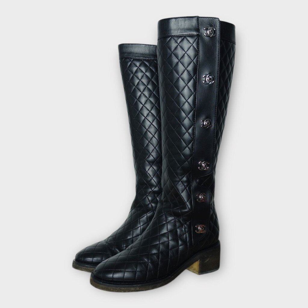 Chanel Black Quilted Leather Interlocking C Riding Boots