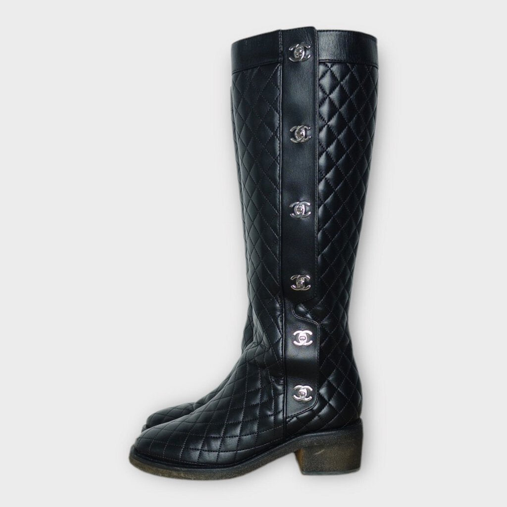 Chanel Black Quilted Leather Interlocking C Riding Boots