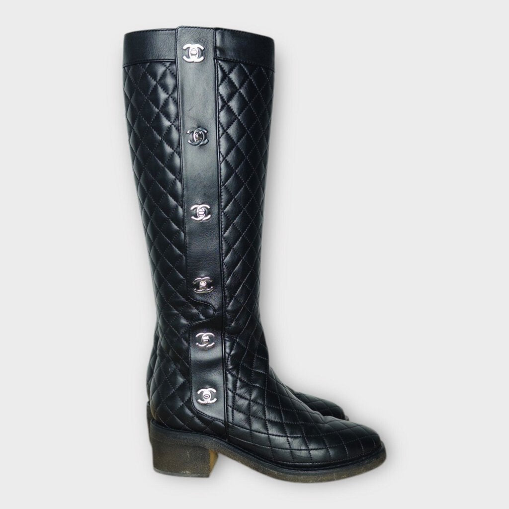 Chanel Black Quilted Leather Interlocking C Riding Boots