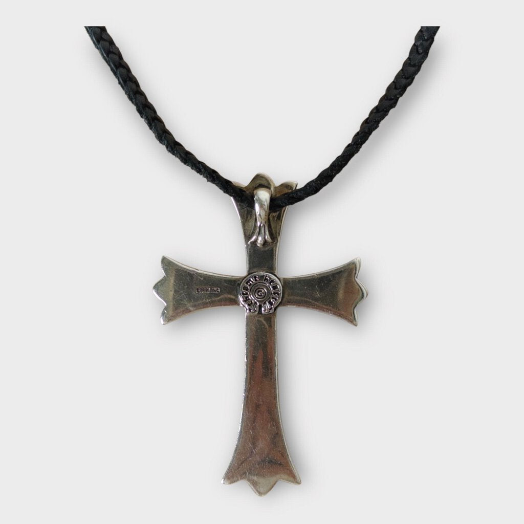 Sterling Silver Large Cross Pendant & Black Leather Cord Necklace