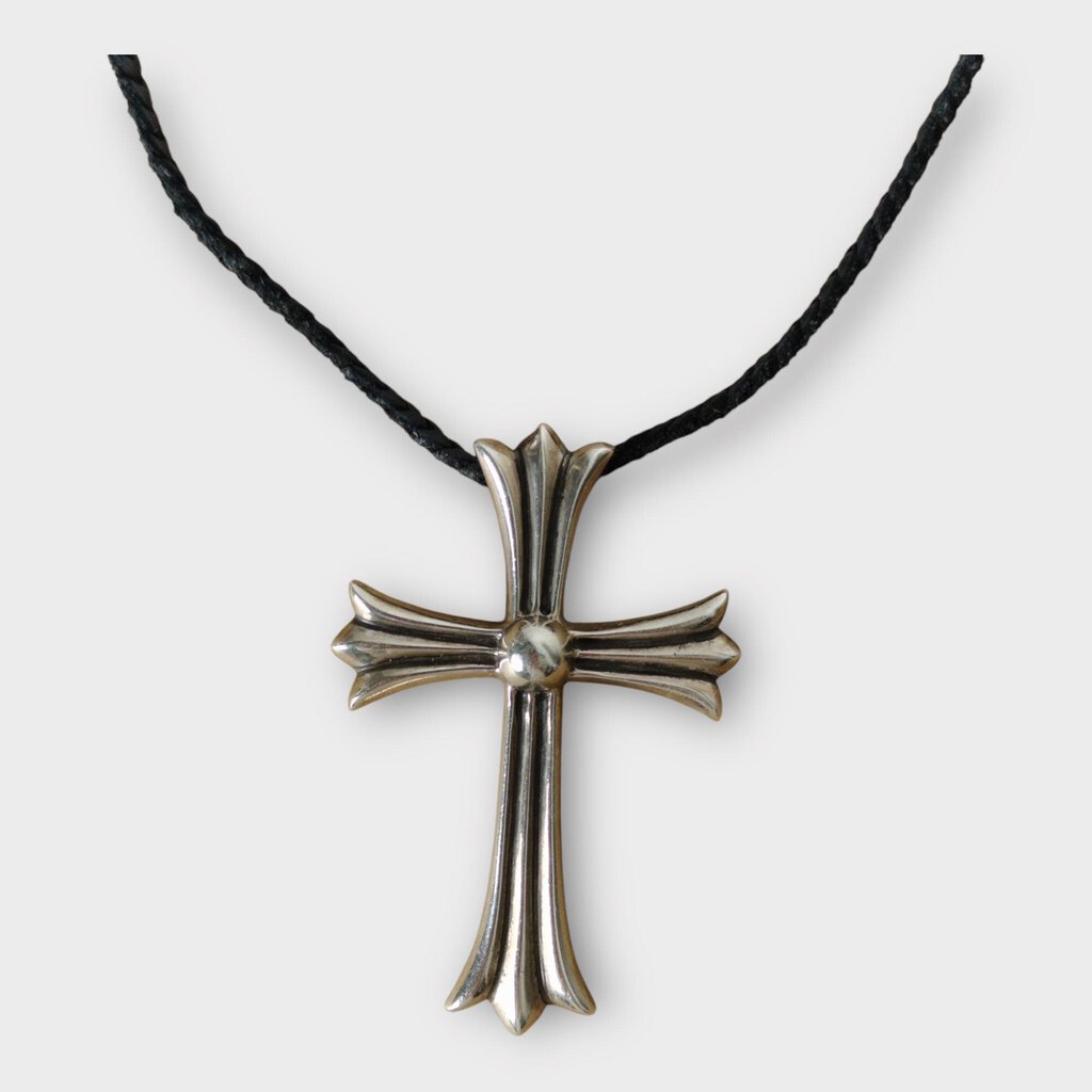 Sterling Silver Large Cross Pendant & Black Leather Cord Necklace