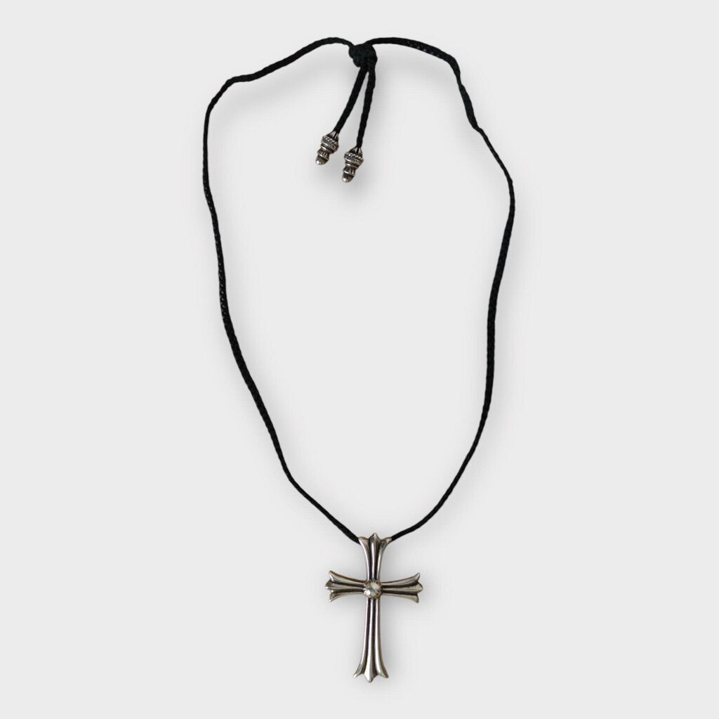 Sterling Silver Large Cross Pendant & Black Leather Cord Necklace