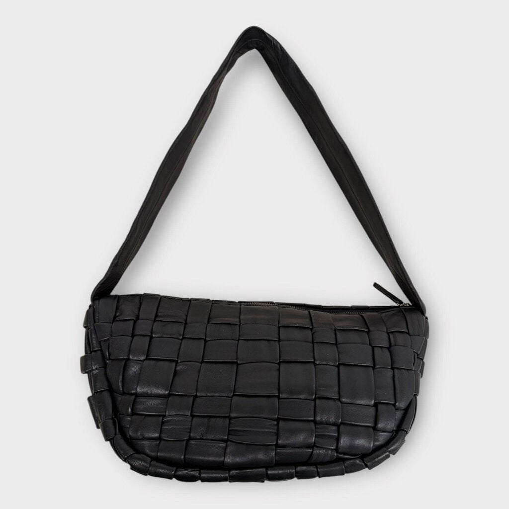 Black Leather Woven Crescent Bag