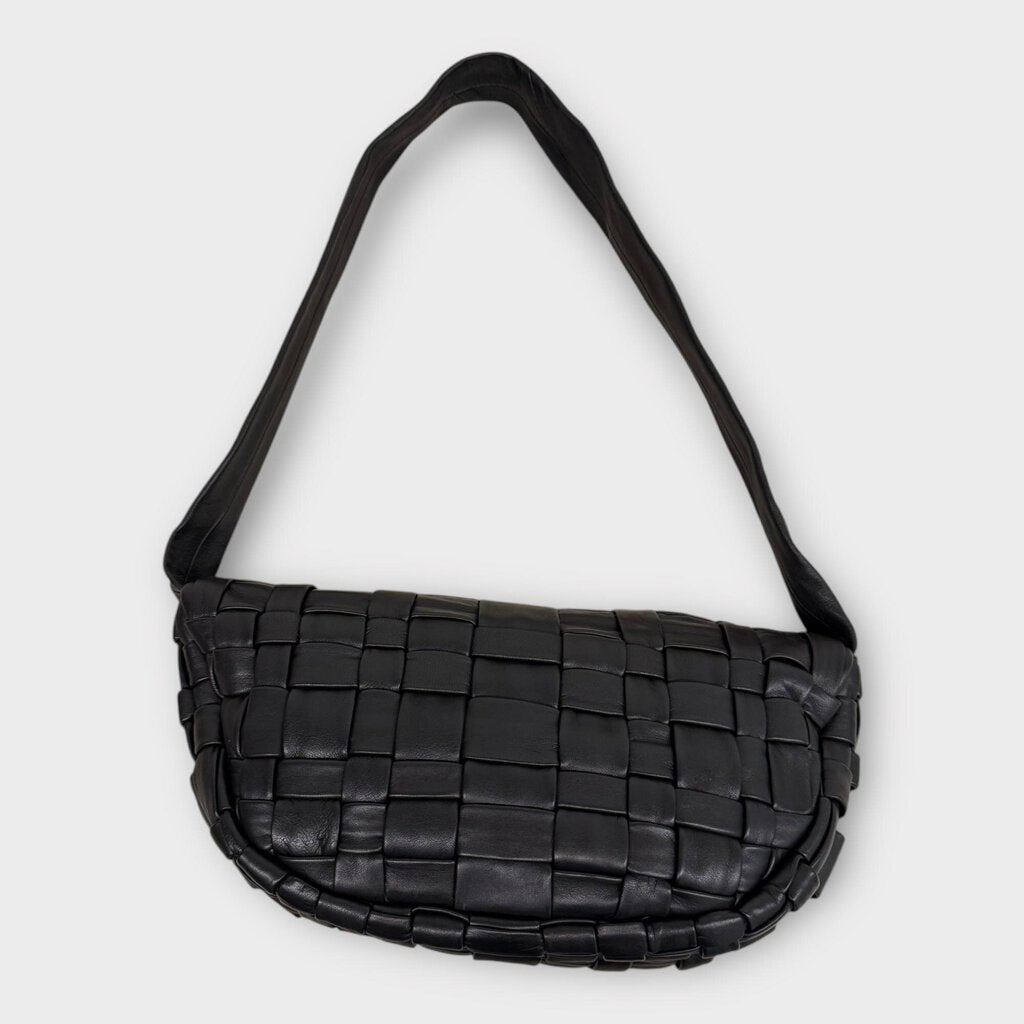 Black Leather Woven Crescent Bag