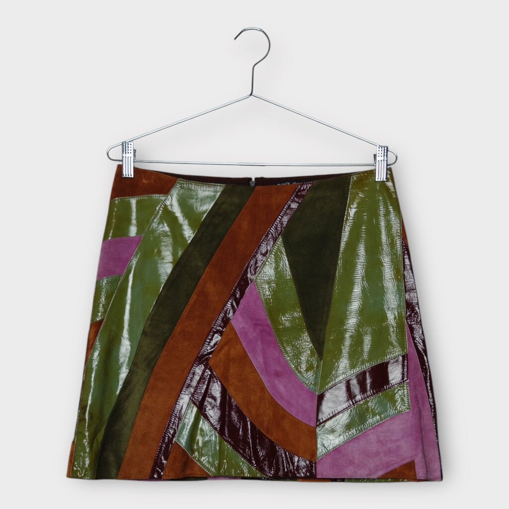 Dolce & Gabbana Vintage Pink Brown Khaki Leather Patchwork Mini Skirt