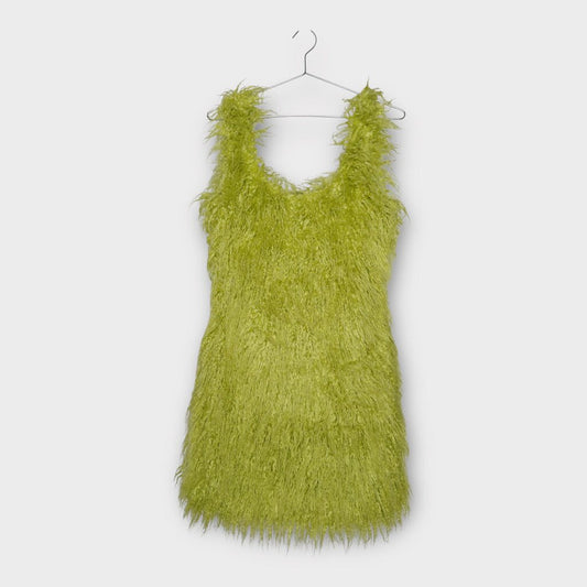 Stine Goya Green Curly Faux Fur Galilea Mini Dress