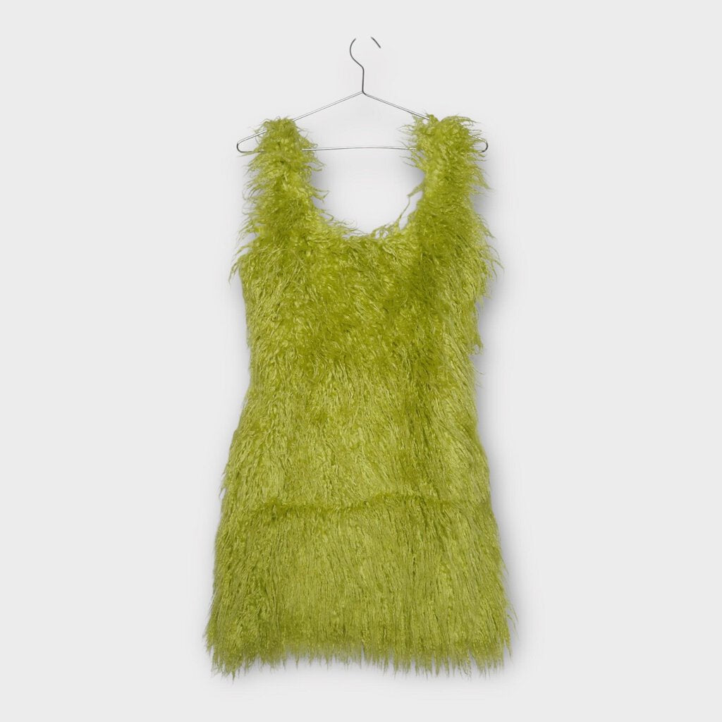 Stine Goya Green Curly Faux Fur Galilea Mini Dress