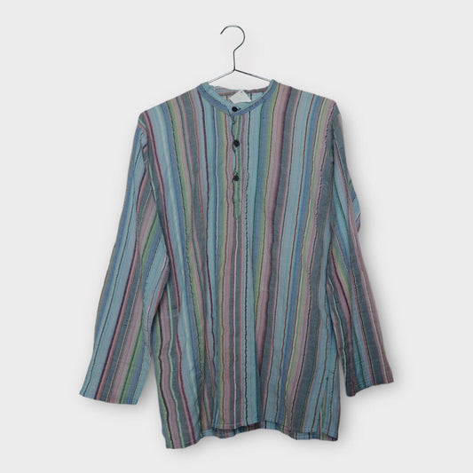 Blue Pink Green Stripe Half Button Shirt