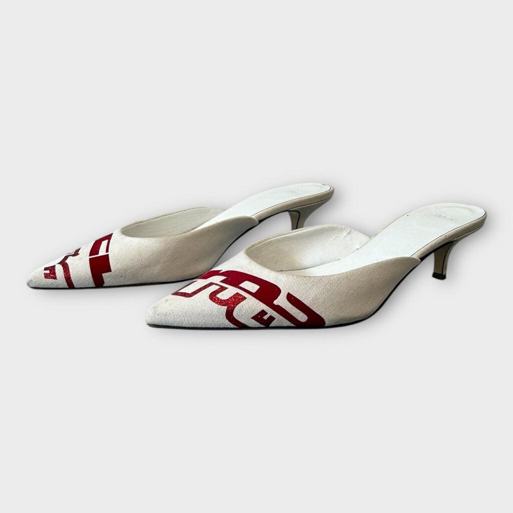 White & Red Pointed Toe Kitten Heel