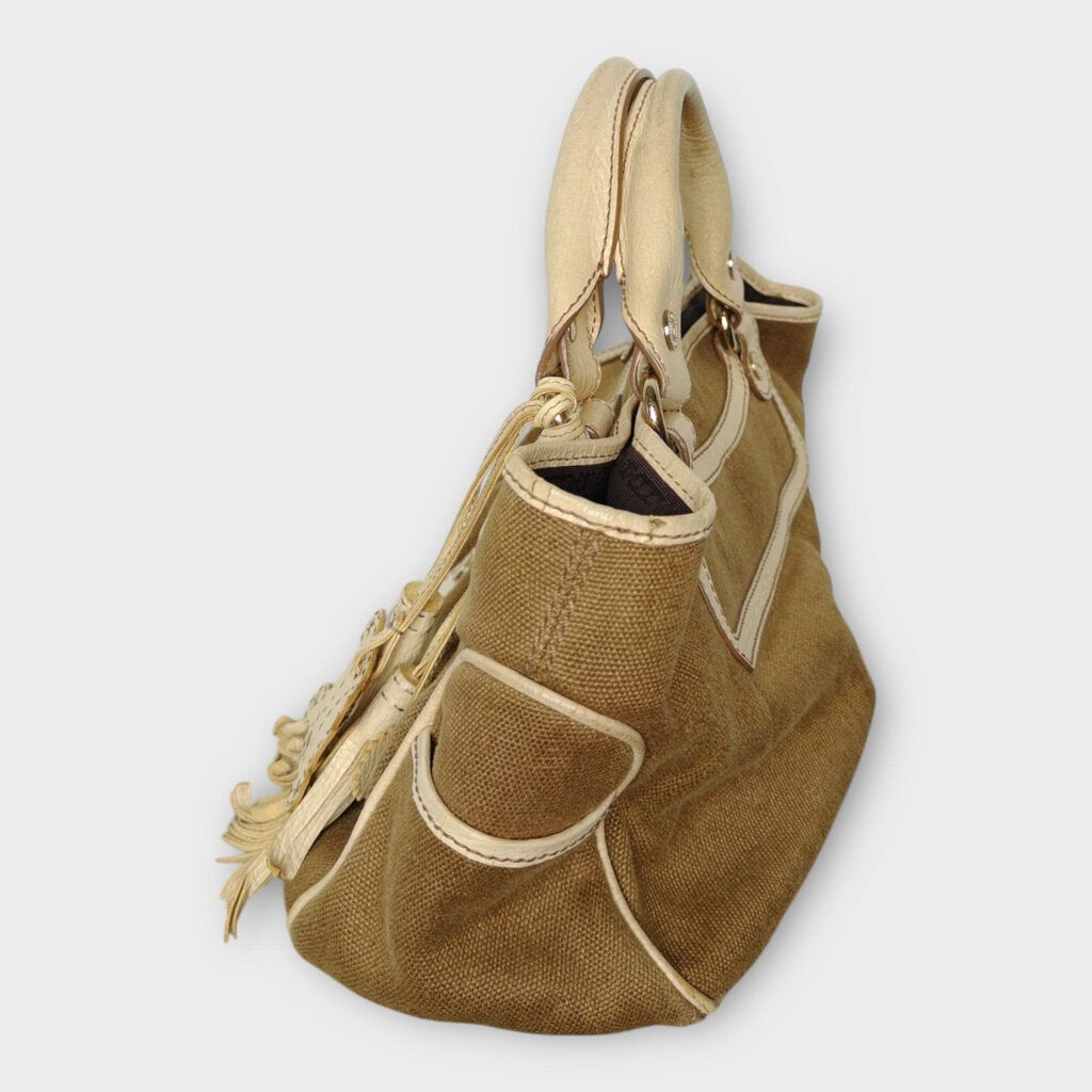 Celine Vintage Beige Canvas Raffia Boogie Bag